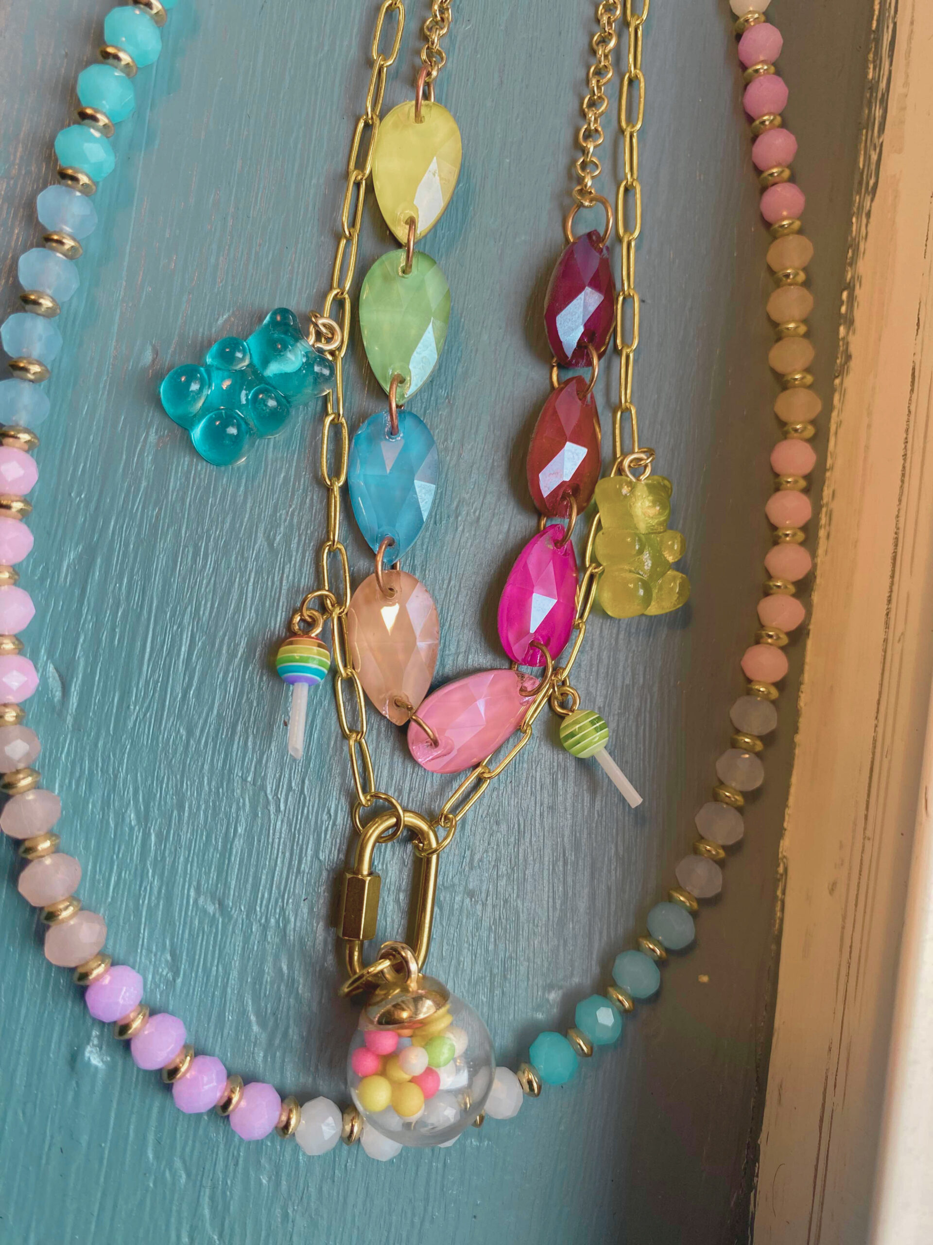 MountainBelleDesigns Handmade Gummy Bear Charm Necklace with Gold Accents