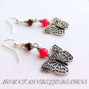 MountainBelleDesigns Pink Agate Silver Butterfly Earrings Handmade by Me in Montana