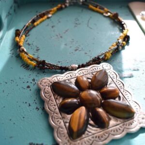 MountainBelleDesigns Concho Pendant Brown Tiger Eye and Yellow Beaded Necklace Montana Made