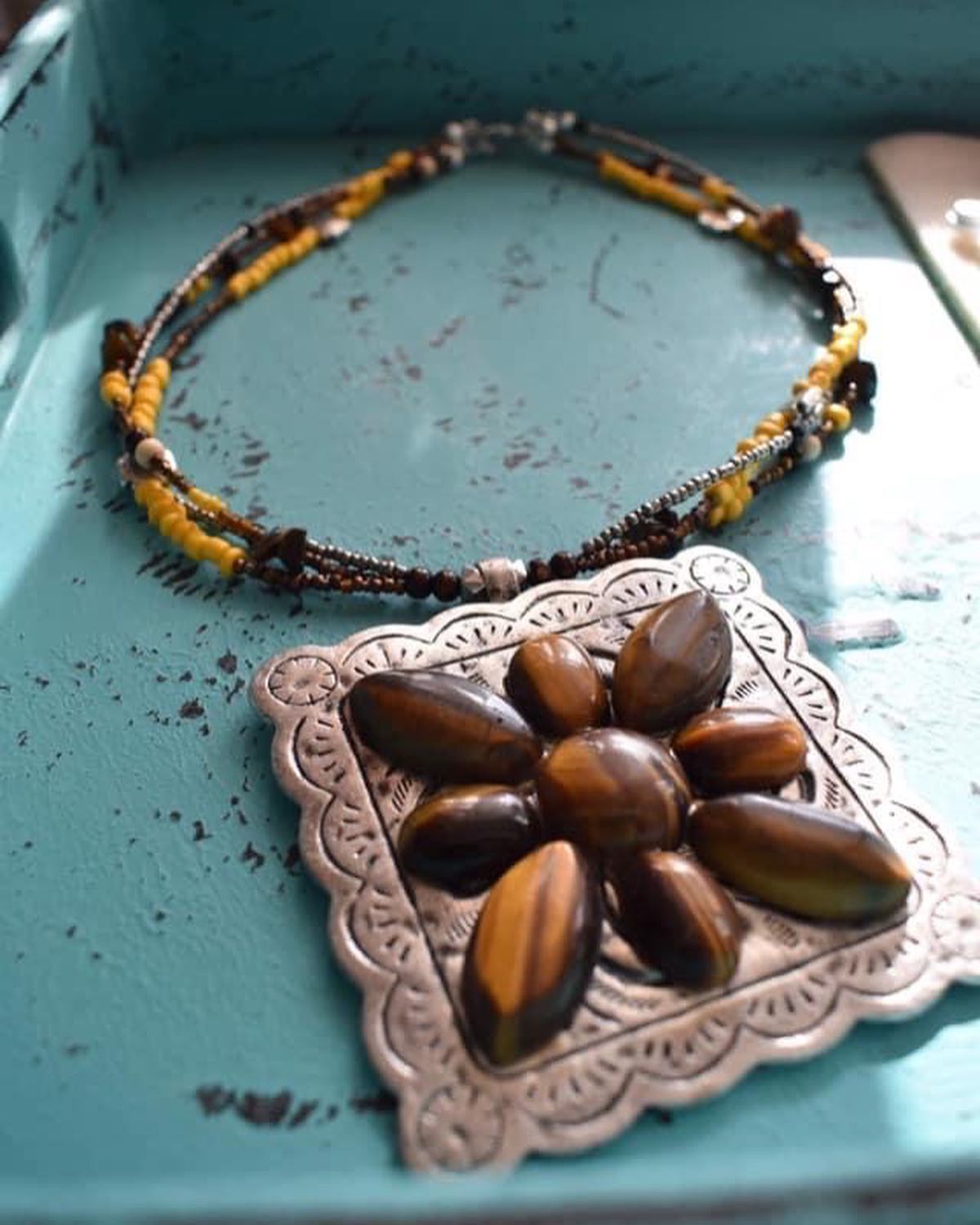 MountainBelleDesigns Concho Pendant Brown Tiger Eye and Yellow Beaded Necklace Montana Made